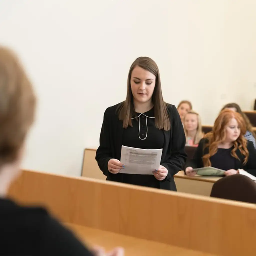 A law student is speaking to the judge in the USW moot courtroom on Treforest campus.