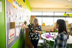 Primary teaching lecturer with a student in a classroom setting.