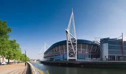 Image of the Millennium Stadium on the river at Cardiff city centre.