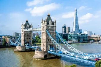 Tower Bridge in London surrounded by blue sky
