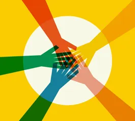 5 animated hands on top of each other in a circle