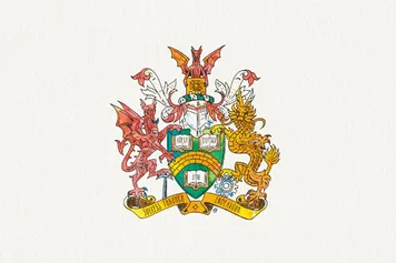 Illustrated coat of arms with a red dragon, golden lion, open books, and Latin motto.