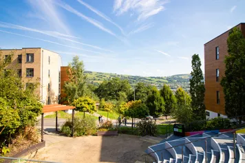 A scenic view of the Welsh hills surrounding the Pontypridd Campus.