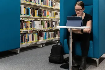 Student sat at an individual study space at a laptop in the student library