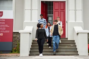 Students walking down a set of stairs from a campus building talking to each other.