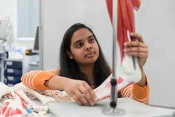 A student observing a human anatomical model of a leg