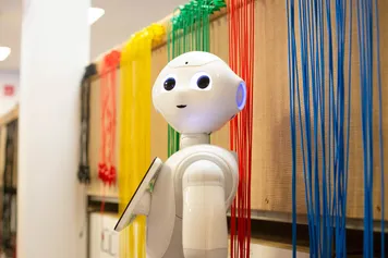 A white humanised robot is looking at the camera. It is stood in front of a row of organised cables.