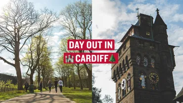 Two images of Cardiff with red text that reads 