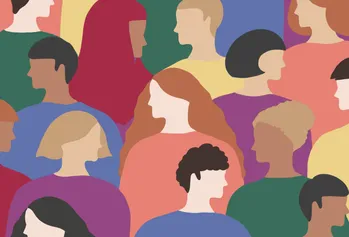 Animation of multiple people, each representing a colour of the pride flag