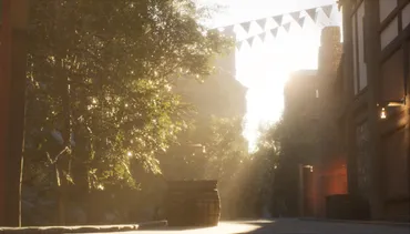 Animation of a town centre, with trees, bunting and a light haze from the early morning sun