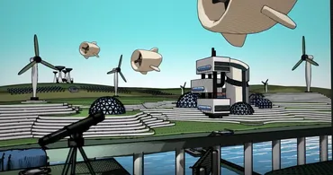 Video effects of an animated landscape with wind turbines and hydroelectricity