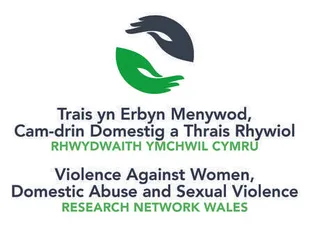 Logo for the Research Network Wales on Violence Against Women, Domestic Abuse, and Sexual Violence. The logo features two stylized hands—one dark blue and one green—forming a circular shape. Text appears in both Welsh and English, with the Welsh version above the English. Green text highlights the network's name.