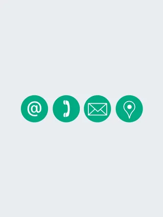 email @ symbol, telephone symbol, email envelope symbol and location pin symbol