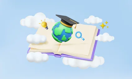 illustration of the earth with a graduation cap on sitting on an open book
