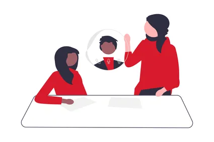 illustration of two people taking at a desk