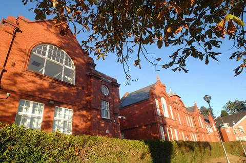 Close up shot of the front of the Alfred Russell wallace building.