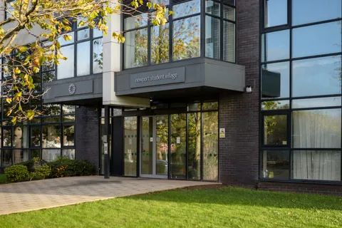 Side view of the building entrance to the Newport Student Village