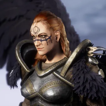 A computer game character stands still and looks off screen - they look feminine, with celtic themed make up on their face, pinned back red hair, and metal medieval style armour