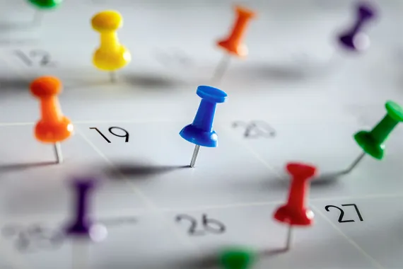 Multicolour pins stuck on a calendar