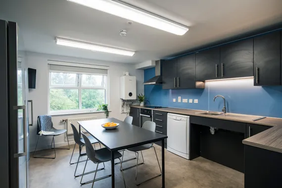 shared kitchen and dining area in Pontypridd student halls