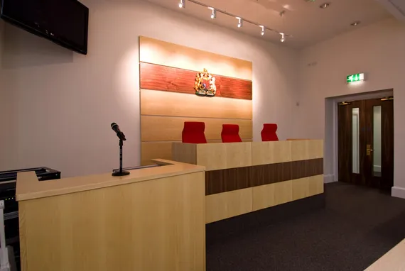 An empty Moot Court on Treforest campus