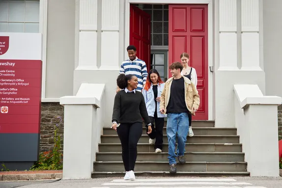 Students walking down a set of stairs from a campus building talking to each other.