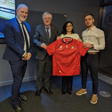 Dr Ben Calvert, Vice Chancellor, Mark Drakeford, First Minister, Kristine Dzagnidze and Levan Kvinikadze stood together during the visit