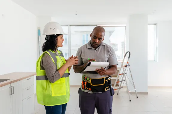 A person wearing a hi-vis vest and a hard hat is talking over some plans with another person