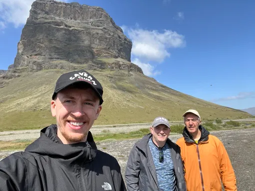 Joseph Griffiths, Dr Ian Skilling, and Nathan Thomas in front of Lómagnúpur in Iceland