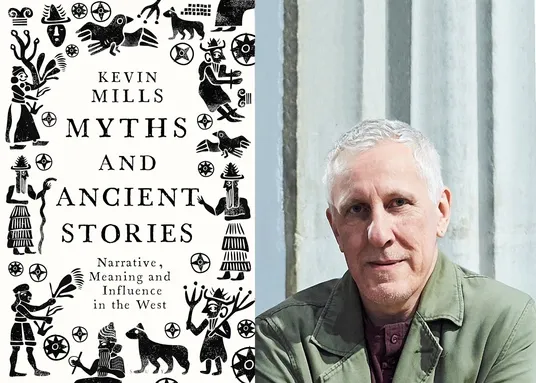 Clawr llyfr newydd Kevin Mills ochr yn ochr â delwedd o Kevin Mills