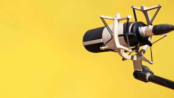 A close-up of a professional microphone on a stand