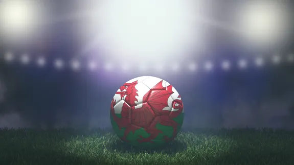A football with a welsh flag printed on it sits on a grass pitch