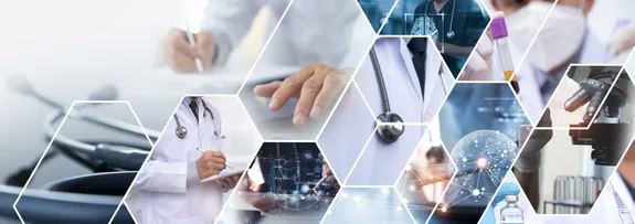 A digital collage of various healthcare and medical research elements, interconnected through hexagonal frames. The image features doctors wearing lab coats and stethoscopes, a researcher handling a blood sample, a microscope, futuristic medical technology interfaces, and a networked digital globe representing global health innovations.