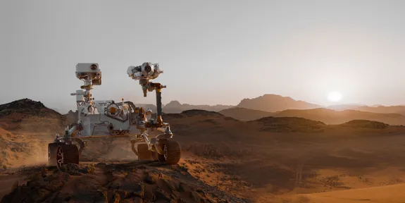 Two robots on the surface of an alien planet, with bright light from a star in the sky