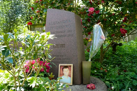 A memorial headstone for Alexander Litvinenko in a leafy cemetery, surrounded by flowering shrubs.