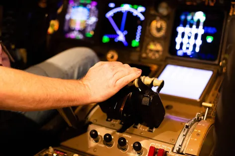 A close up of the controls in the flight simulator on treforest campus