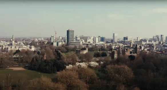 An aerial shot over the city of Cardiff.
