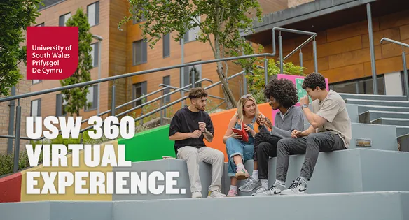 A group of students sitting on colourful step outside the accommodation hub at the USW Treforest campus.