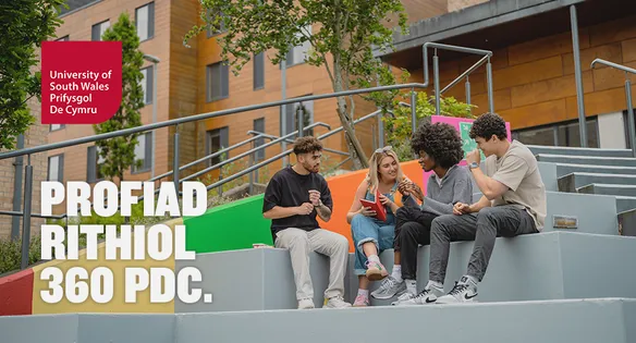 A group of students sitting on colourful step outside the accommodation hub at the USW Treforest campus.