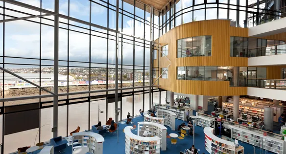 An internal shot of the Newport campus overlooking the library and the view of the river Usk.