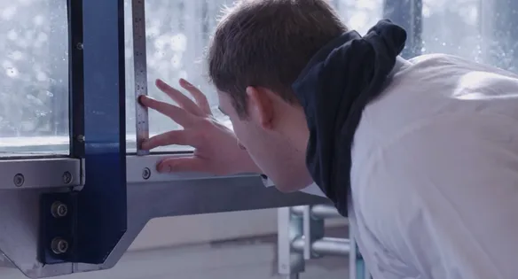 A civil engineering student wearing white overalls with a black hoodie underneath looks closely at a piece of measuring equipment in front of a window inside an engineering workshop