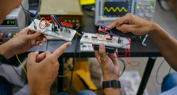 A close up of two circuit boards wired up to small lights being held by two sets of hands in a USW electronic workshop