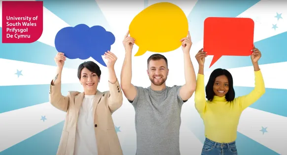 three people standing holding speech bubbles