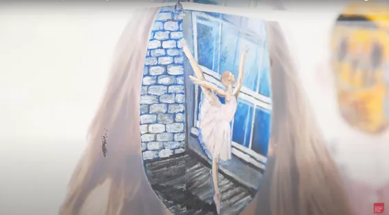 Art work completed by students at USW - a ballerina dancing in front of a mirror