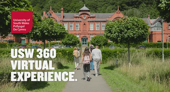 A group of students walking up a path towards the Upper Glyntaff campus. The USW logo is overlayed on the image with text reading 