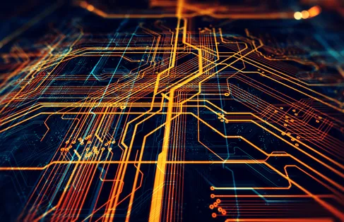 An abstract 3D illustration of a circuit board with futuristic server code processing showing an orange, green, and blue technology background with bokeh