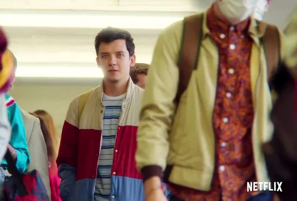A still image of a scene from Sex Education with the Netflix logo in the bottom right corner.