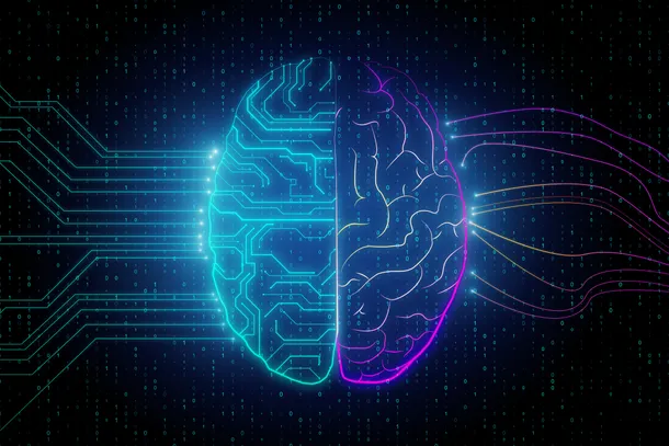 A stock image of a drawing of the brain with electrical waves running towards it.