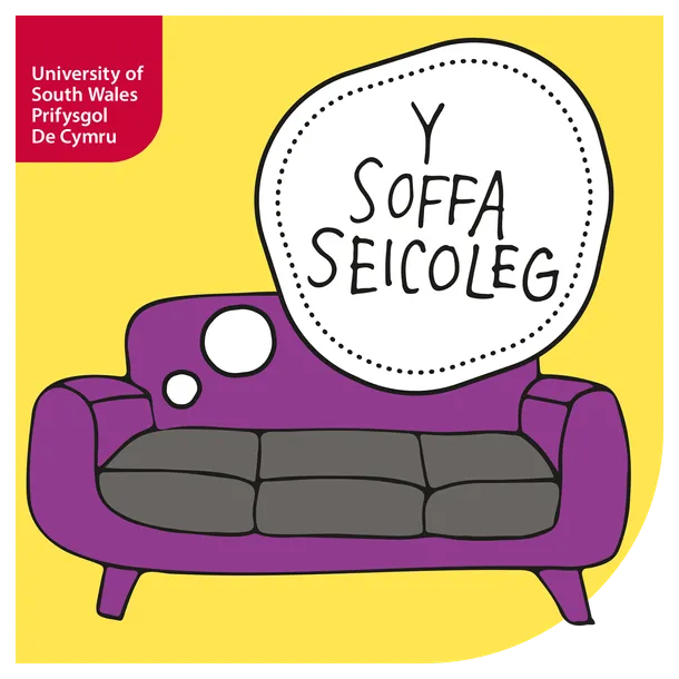 The Psych Sofa podcast logo shows a purple and grey sofa against a bright yellow background with a thought bubble that reads 'The Psych Sofa'