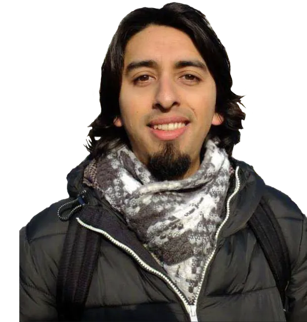 A cutout of Mario Quinones smiling at the camera while wearing a big winter coat and a scarf